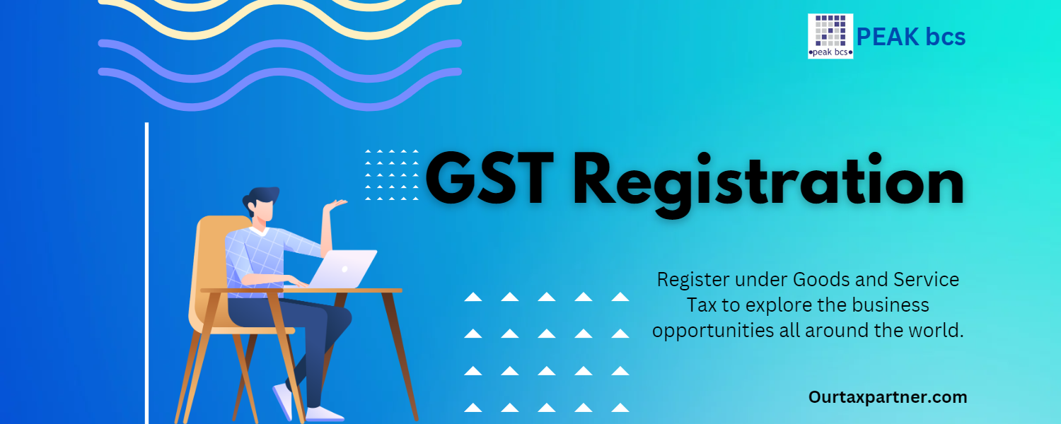  Image depicting the GST registration process, showing a person filling out the GST registration form on a computer screen with relevant details, including name, address, PAN number, and business details. The image is intended to represent the process of registering for GST with the assistance of a tax professional or a GST consultant like Ourtaxpartner.com.